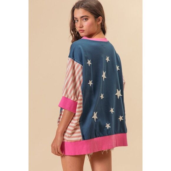 BiBi US Flag Theme Color Block Star Patch T-Shirt - Picture 2 of 4